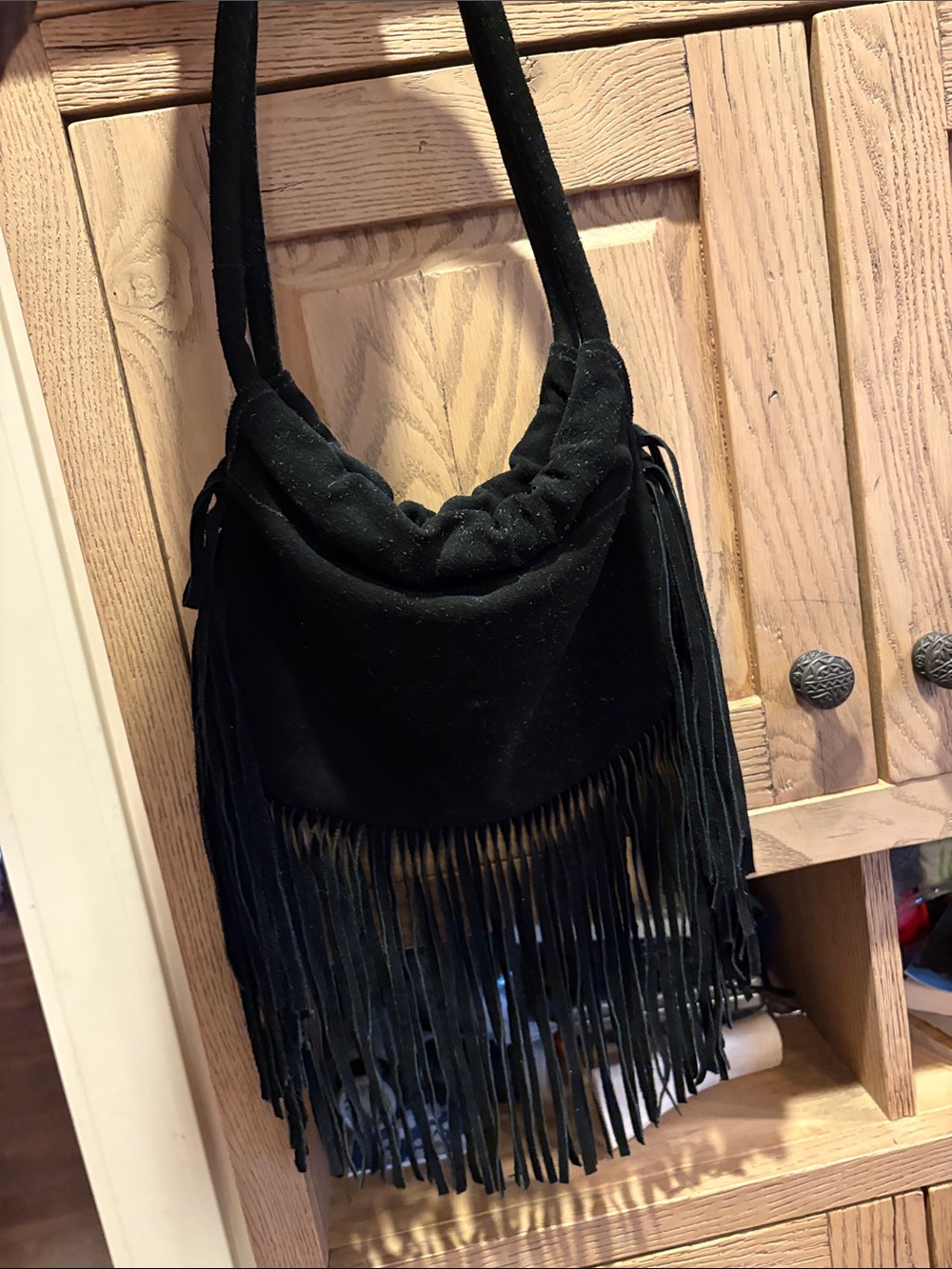 Black Fringe Shoulder Bag - Suede-Style Women’s Shoulder Bag